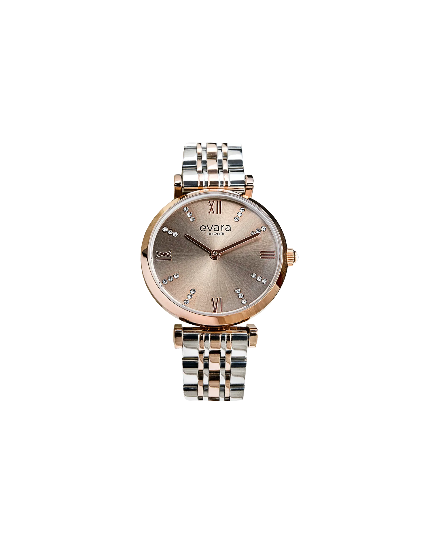 Qorum Evara Ladies Watch – Platinum Grey Dial, Two-tone Rose Gold Plated Stainless Steel Strap