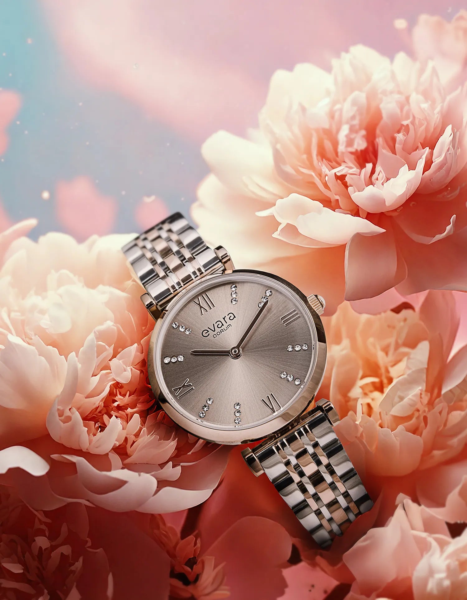 Qorum Evara Ladies Watch – Platinum Grey Dial, Two-tone Rose Gold Plated Stainless Steel Strap