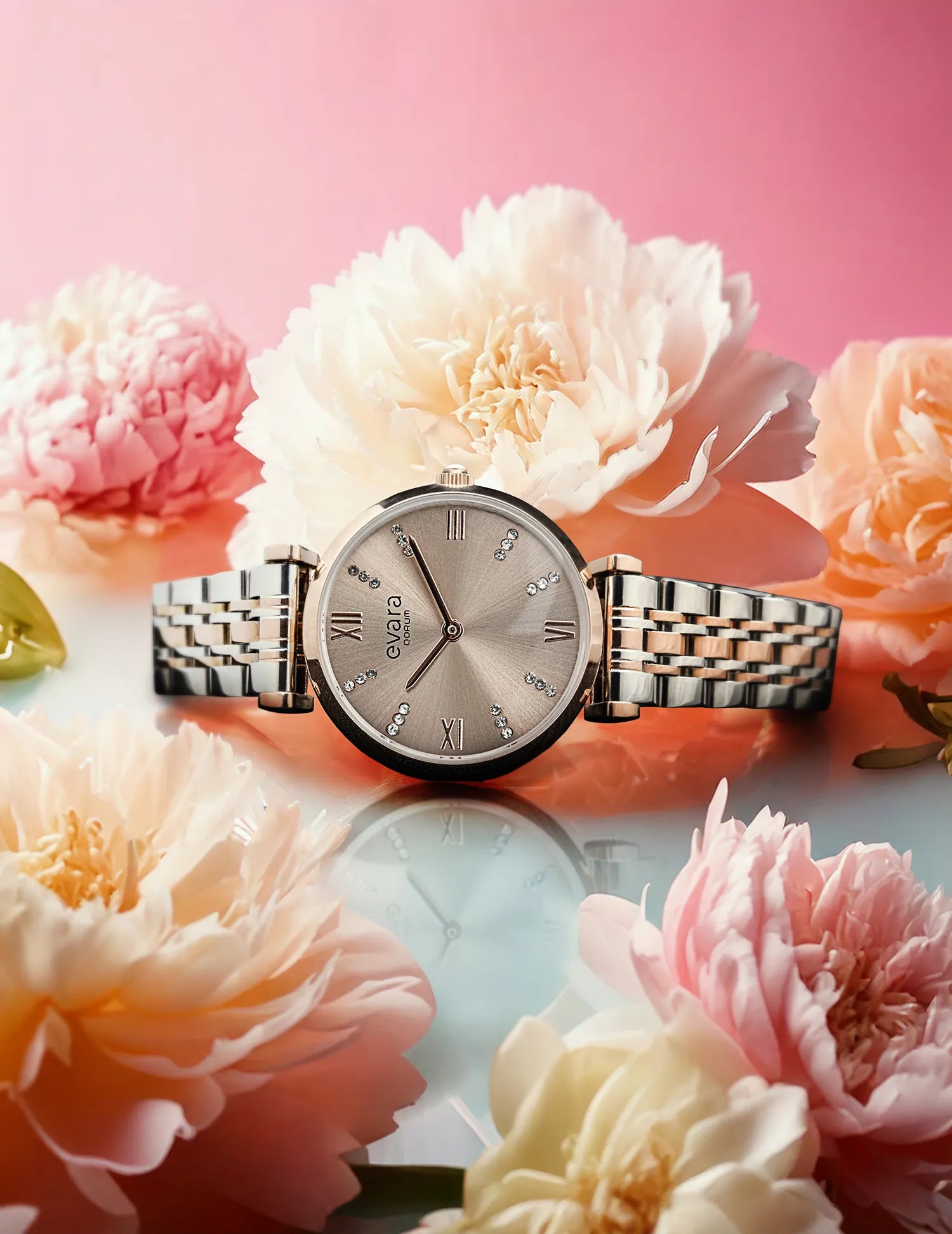 Qorum Evara Ladies Watch – Platinum Grey Dial, Two-tone Rose Gold Plated Stainless Steel Strap