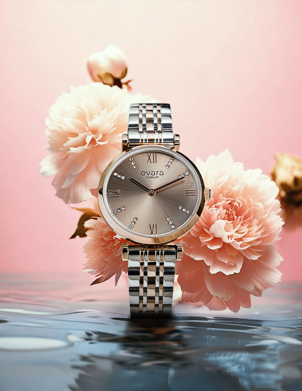 Qorum Evara Ladies Watch – Platinum Grey Dial, Two-tone Rose Gold Plated Stainless Steel Strap