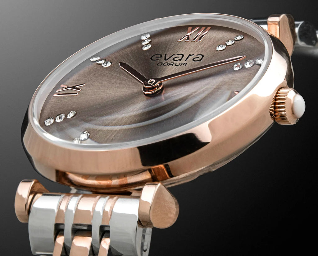 Qorum Evara Ladies Watch – Platinum Grey Dial, Two-tone Rose Gold Plated Stainless Steel Strap