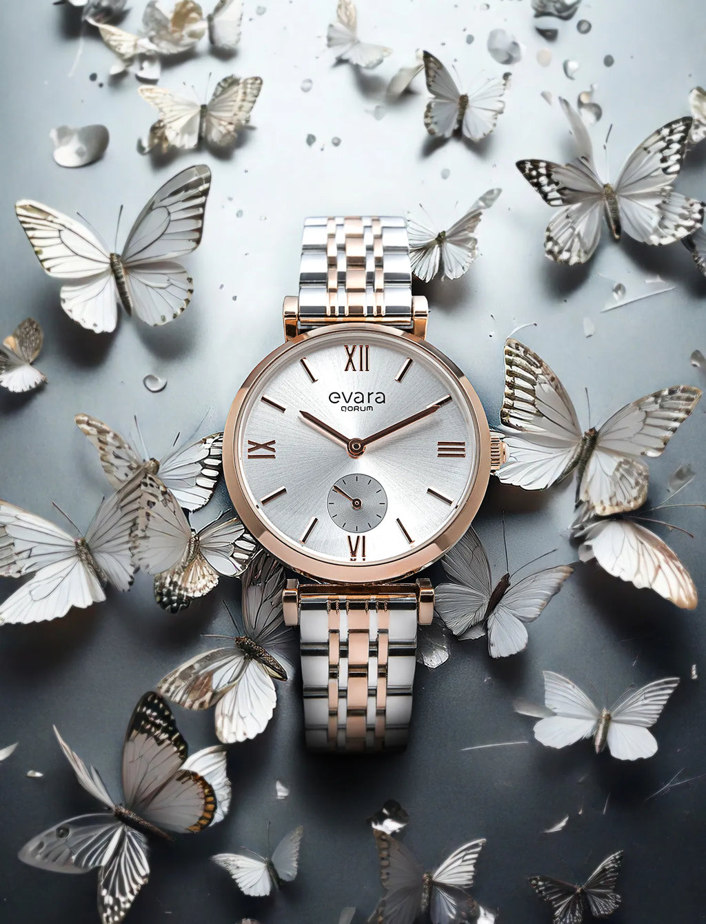Qorum Evara Ladies Multi-function Watch - Silver Dial, Two-Tone Rose G ...