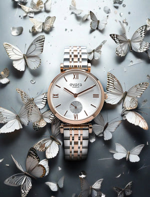 Qorum Evara Ladies Multi-function Watch - Silver Dial, Two-Tone Rose Gold plated Stainless Steel Strap