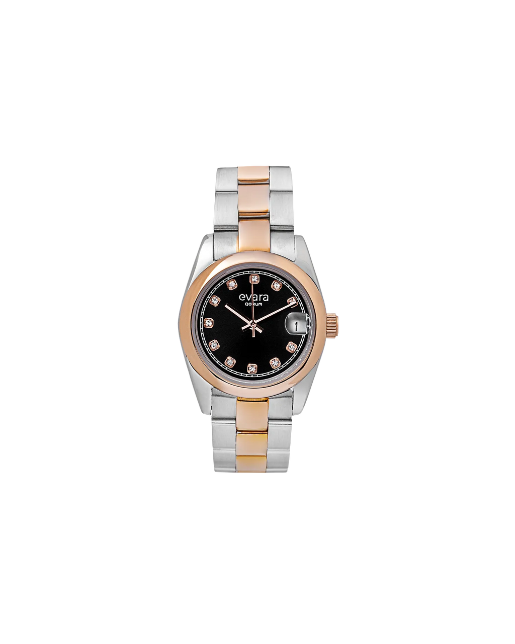 Qorum Evara Ladies Watch – Black Studded Dial, Date Display, Two-tone Rose Gold Plated Stainless Steel Strap