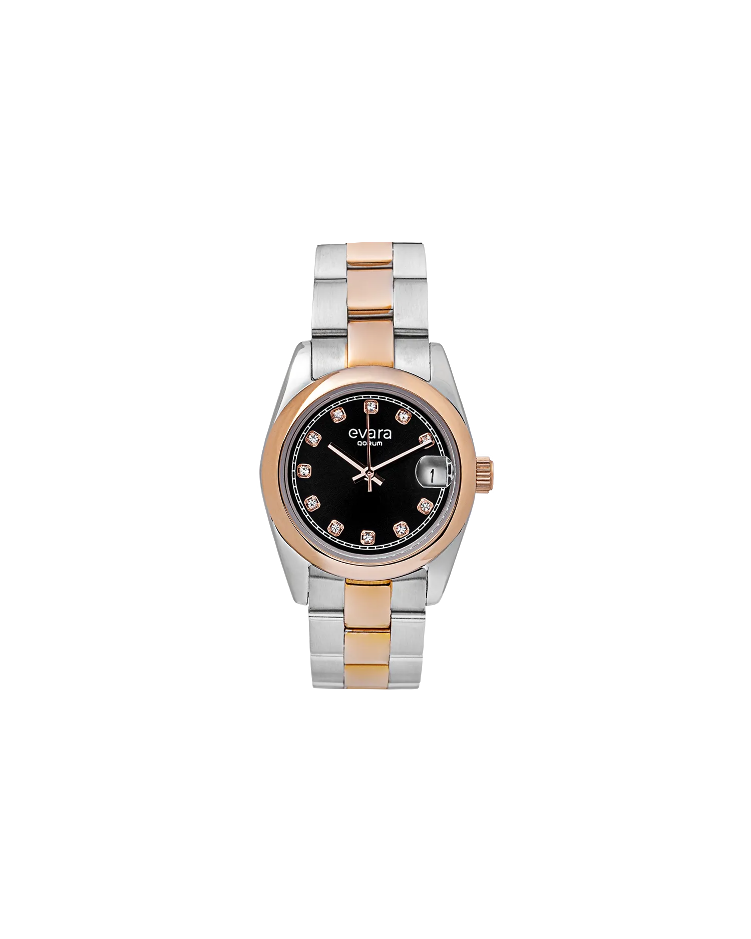 Qorum Evara Ladies Watch – Black Studded Dial, Date Display, Two-tone Rose Gold Plated Stainless Steel Strap