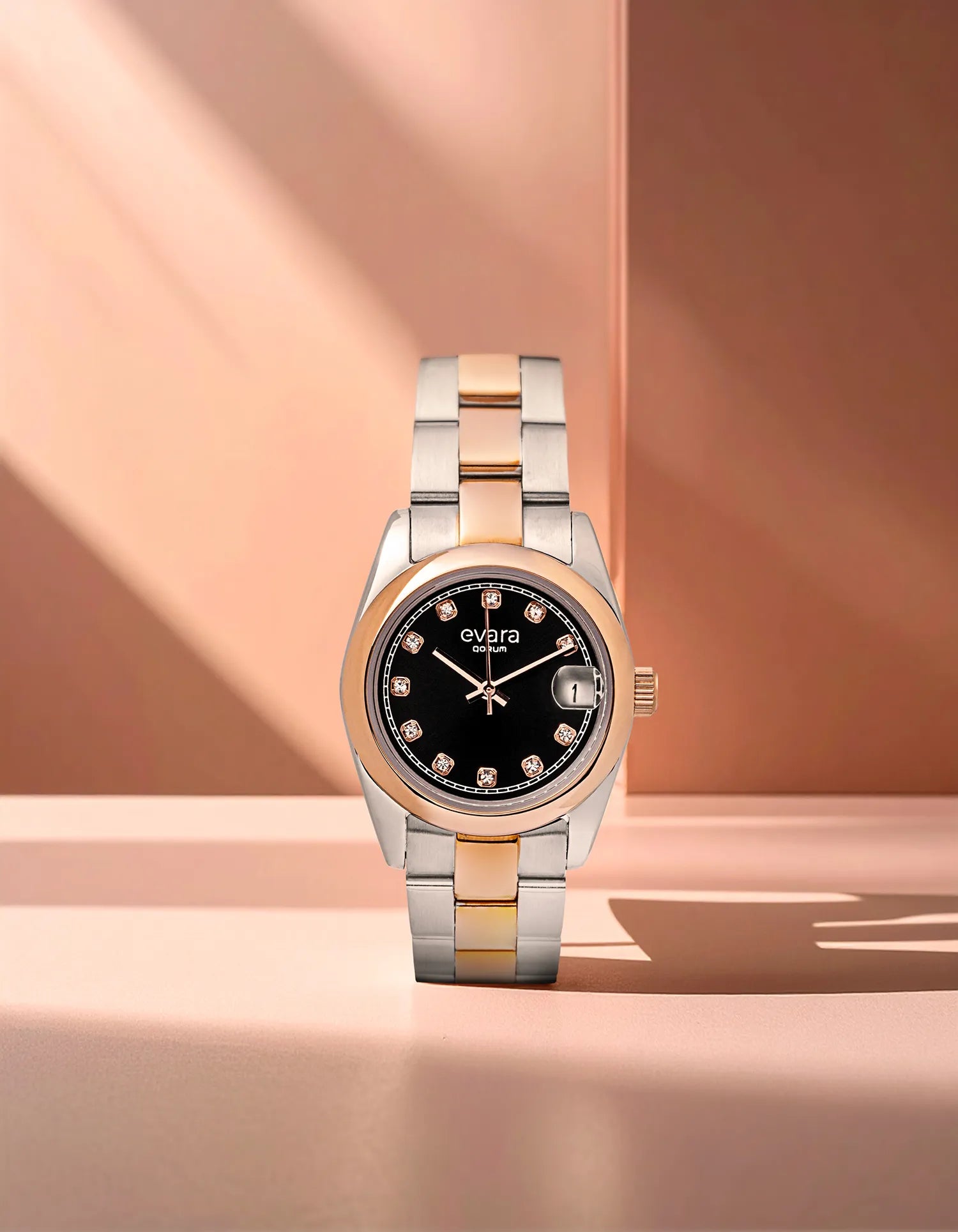 Qorum Evara Ladies Watch – Black Studded Dial, Date Display, Two-tone Rose Gold Plated Stainless Steel Strap