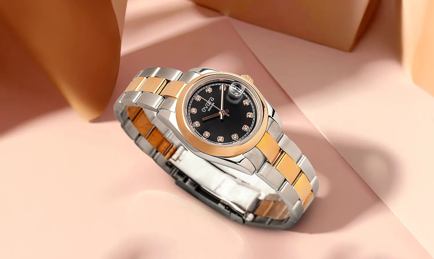 Qorum Evara Ladies Watch – Black Studded Dial, Date Display, Two-Tone Rose Gold plated Stainless Steel Strap