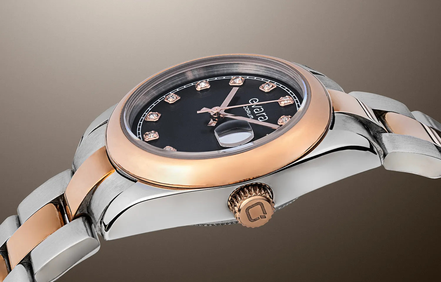 Qorum Evara Ladies Watch – Black Studded Dial, Date Display, Two-tone Rose Gold Plated Stainless Steel Strap