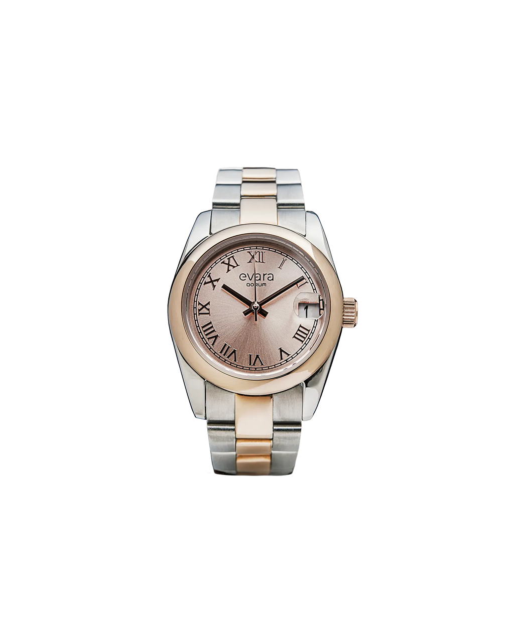Qorum Evara Ladies Watch – Rose Gold Dial, Date Display, Two-tone Rose Gold Plated Stainless Steel Strap