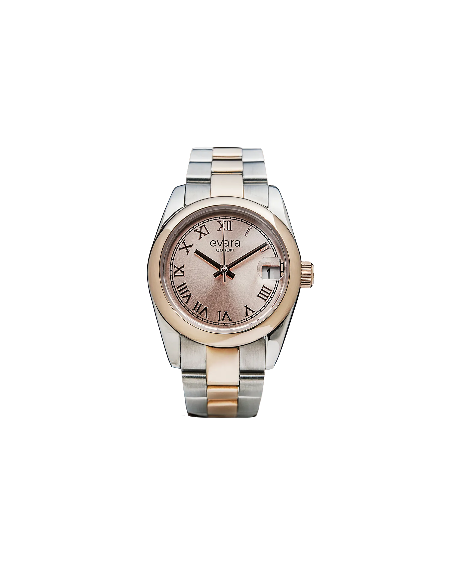 Qorum Evara Ladies Watch – Rose Gold Dial, Date Display, Two-tone Rose Gold Plated Stainless Steel Strap