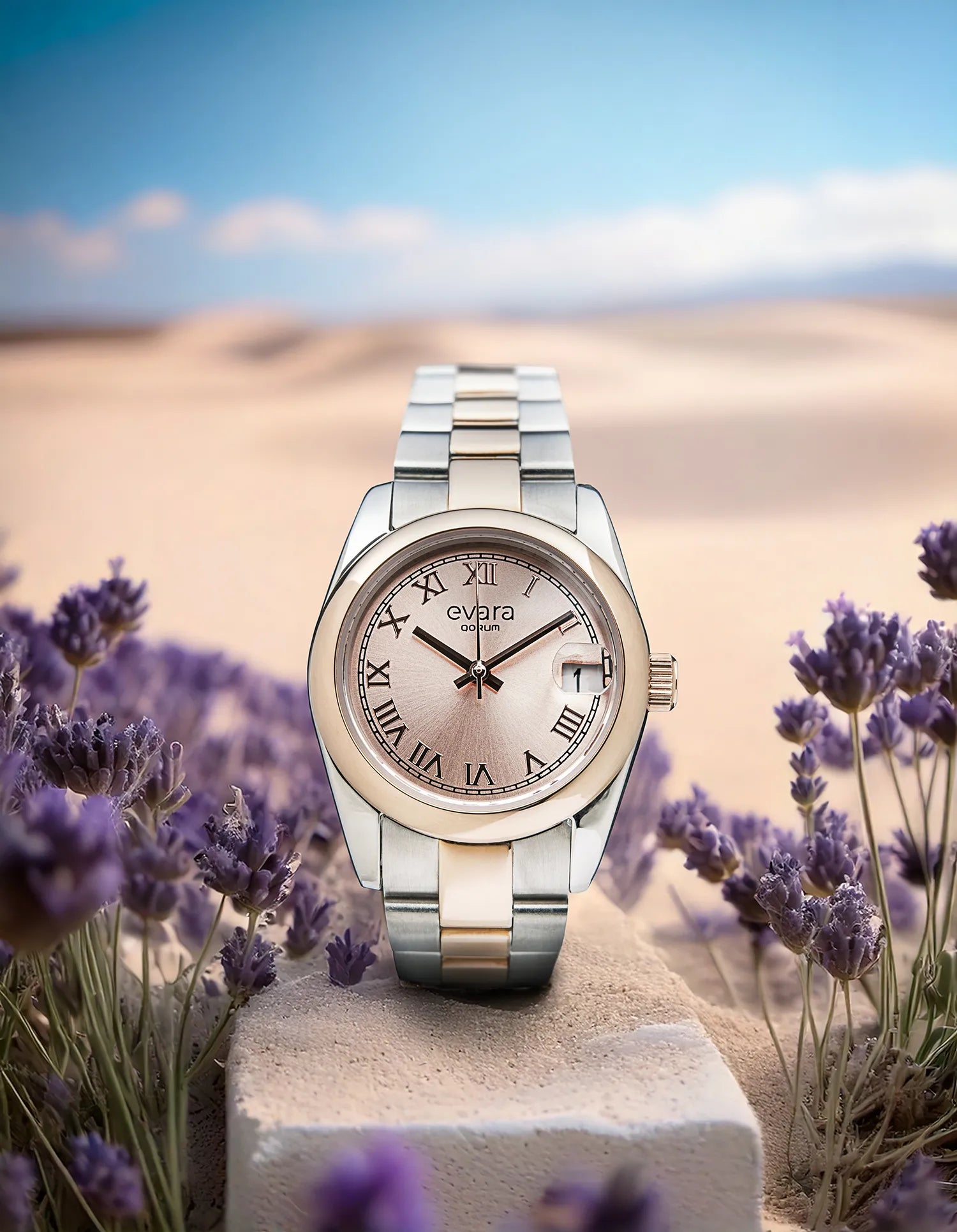 Qorum Evara Ladies Watch – Rose Gold Dial, Date Display, Two-tone Rose Gold Plated Stainless Steel Strap