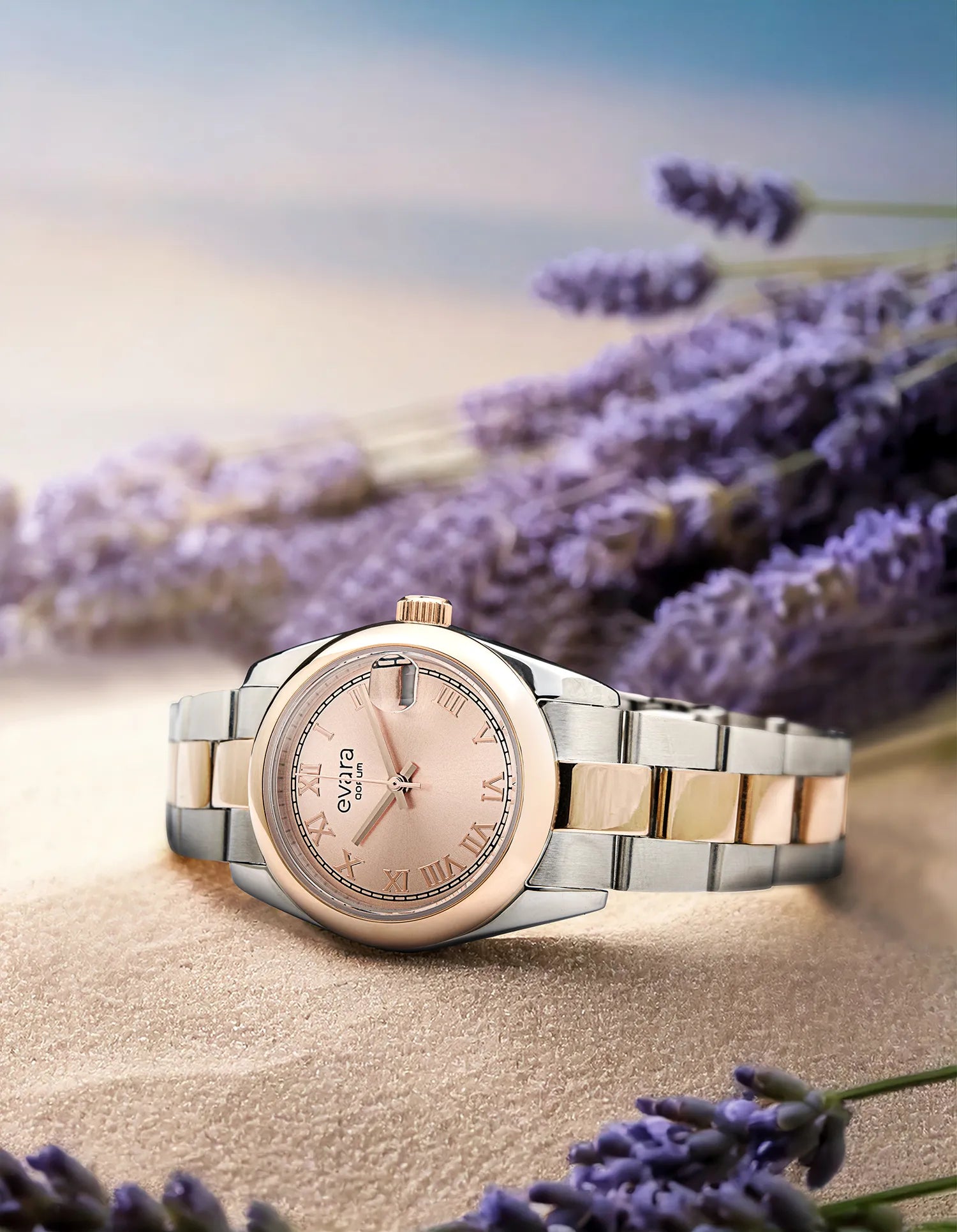 Qorum Evara Ladies Watch – Rose Gold Dial, Date Display, Two-tone Rose Gold Plated Stainless Steel Strap