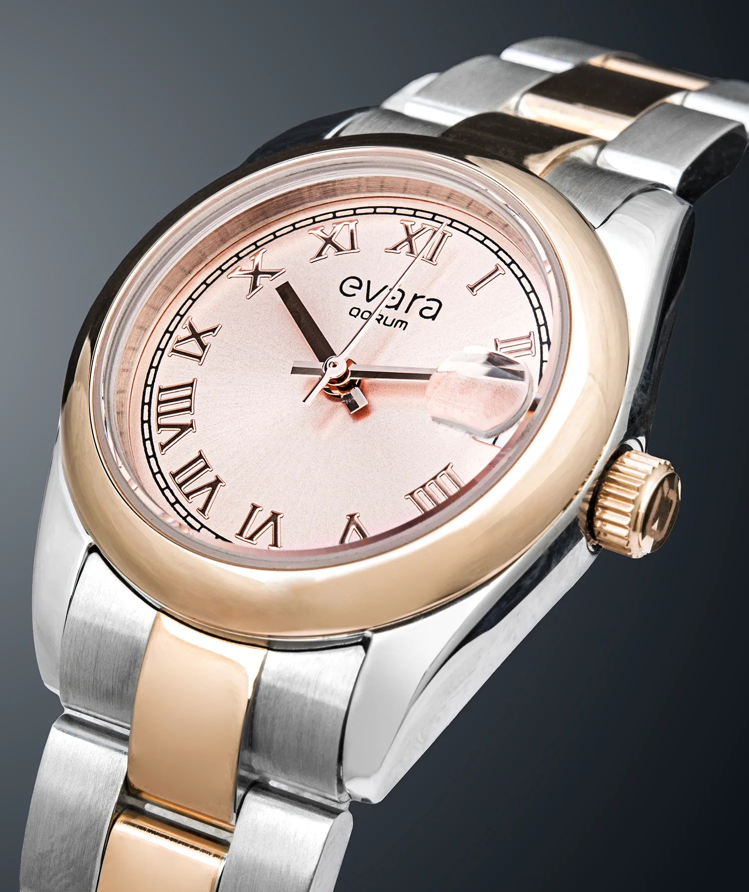 Qorum Evara Ladies Watch – Rose Gold Dial, Date Display, Two-tone Rose Gold Plated Stainless Steel Strap