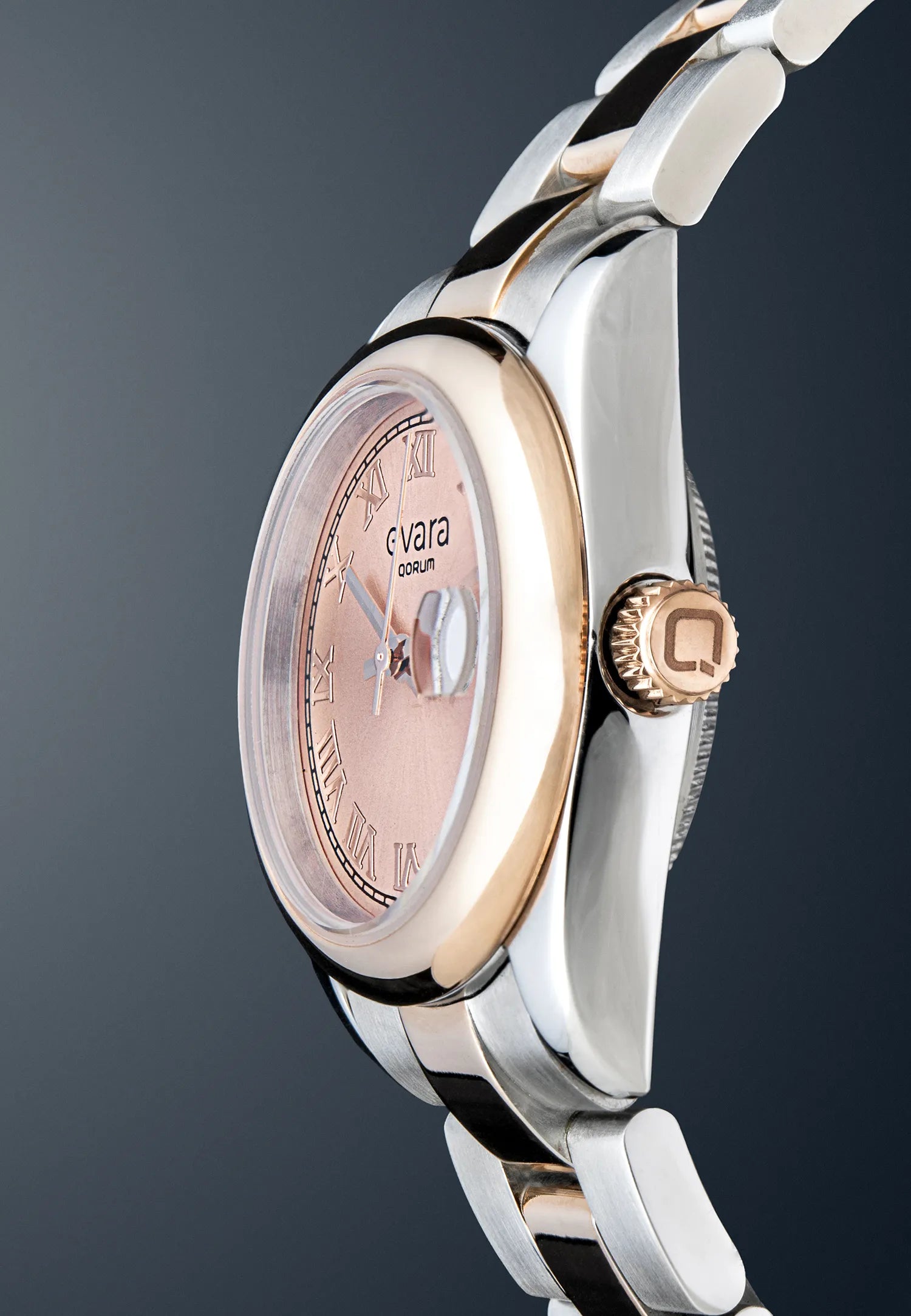 Qorum Evara Ladies Watch – Rose Gold Dial, Date Display, Two-tone Rose Gold Plated Stainless Steel Strap