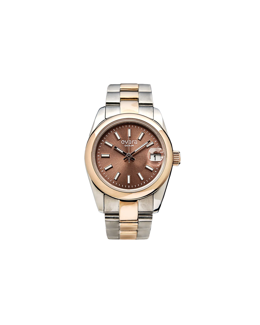 Qorum Evara Ladies Watch – Brown Dial, Date Display, Two-tone Rose Gold Plated Stainless Steel Strap
