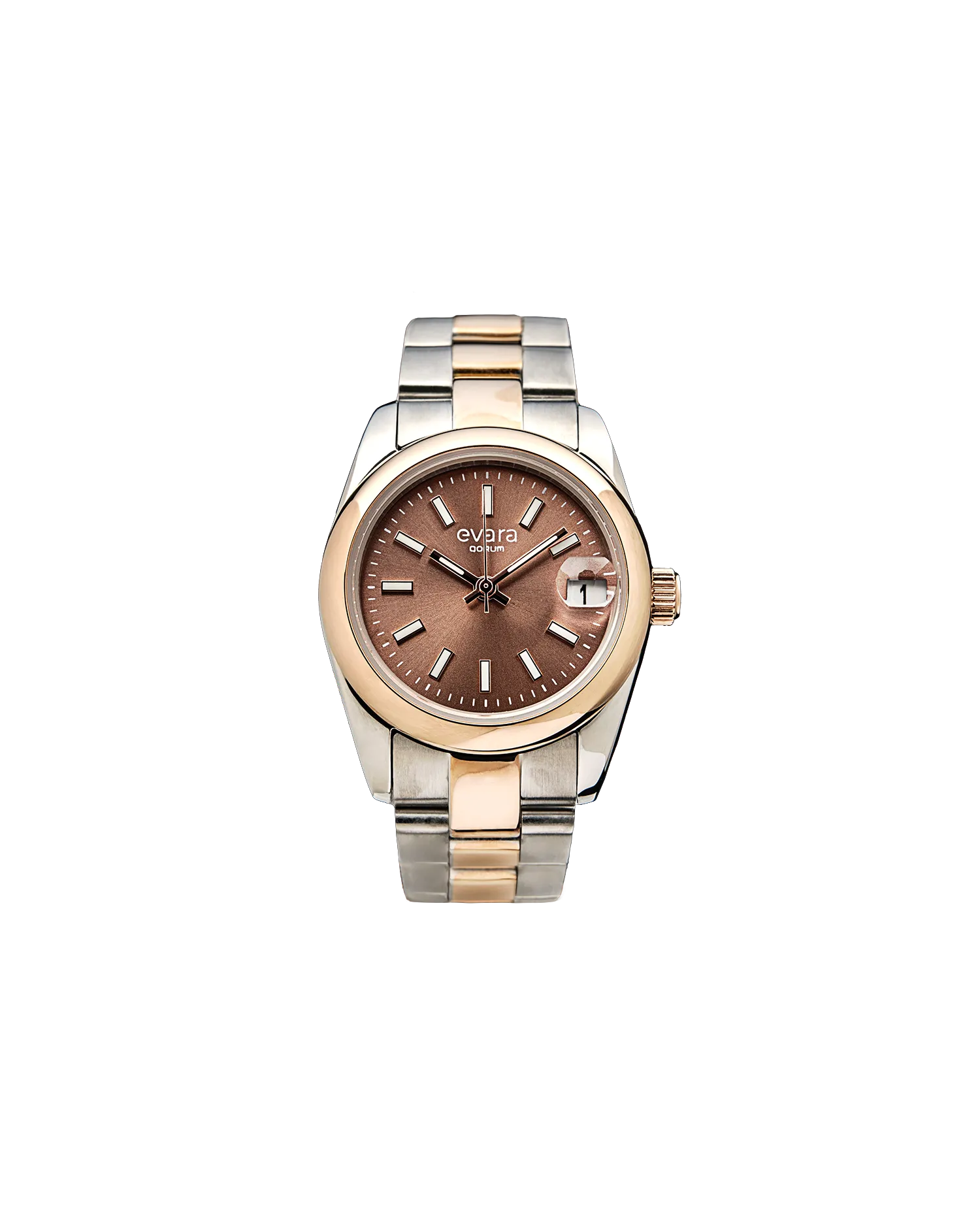Qorum Evara Ladies Watch – Brown Dial, Date Display, Two-tone Rose Gold Plated Stainless Steel Strap