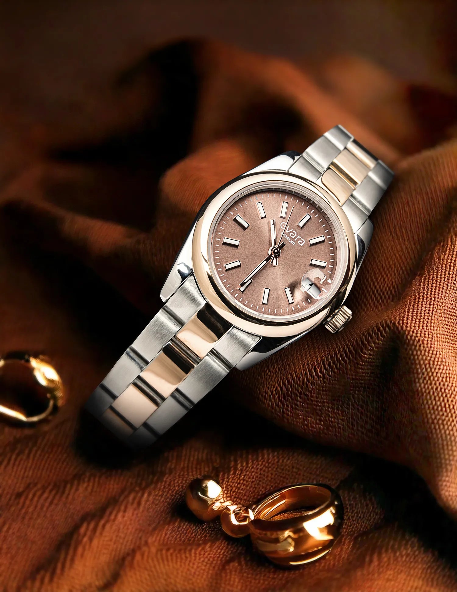 Qorum Evara Ladies Watch – Brown Dial, Date Display, Two-tone Rose Gold Plated Stainless Steel Strap