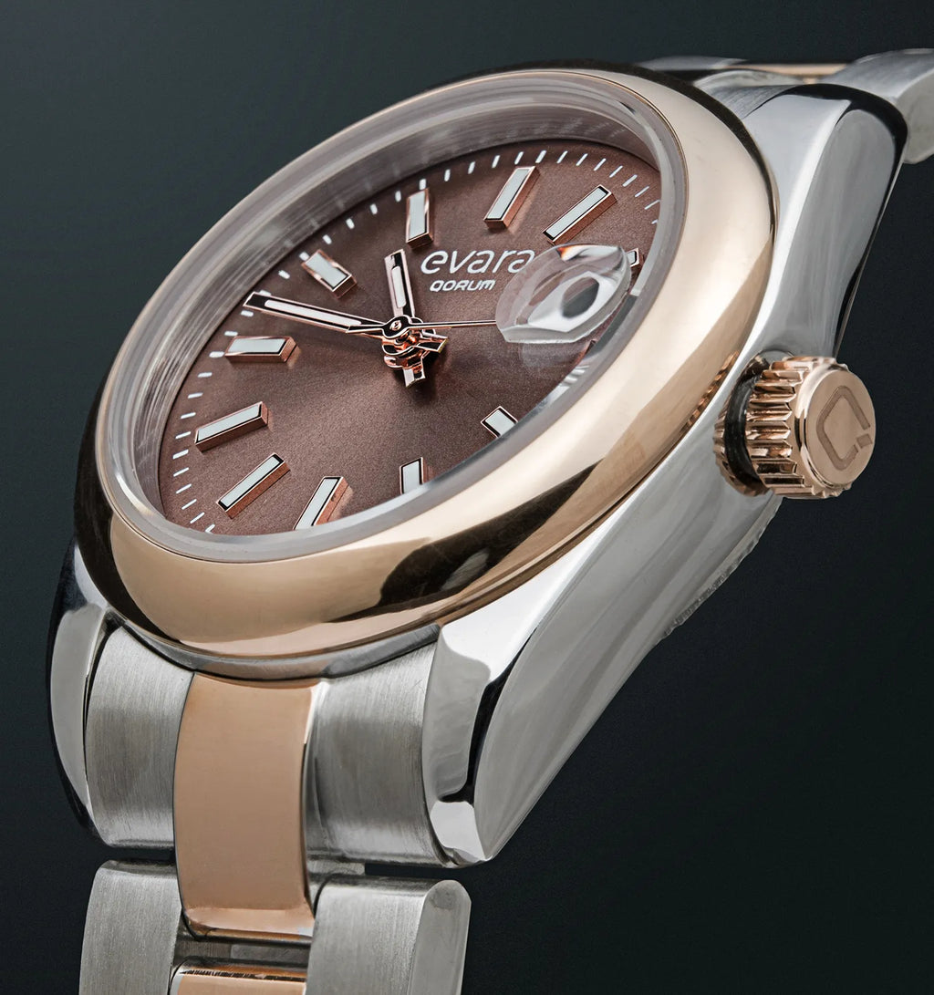Qorum Evara Ladies Watch – Brown Dial, Date Display, Two-tone Rose Gold Plated Stainless Steel Strap
