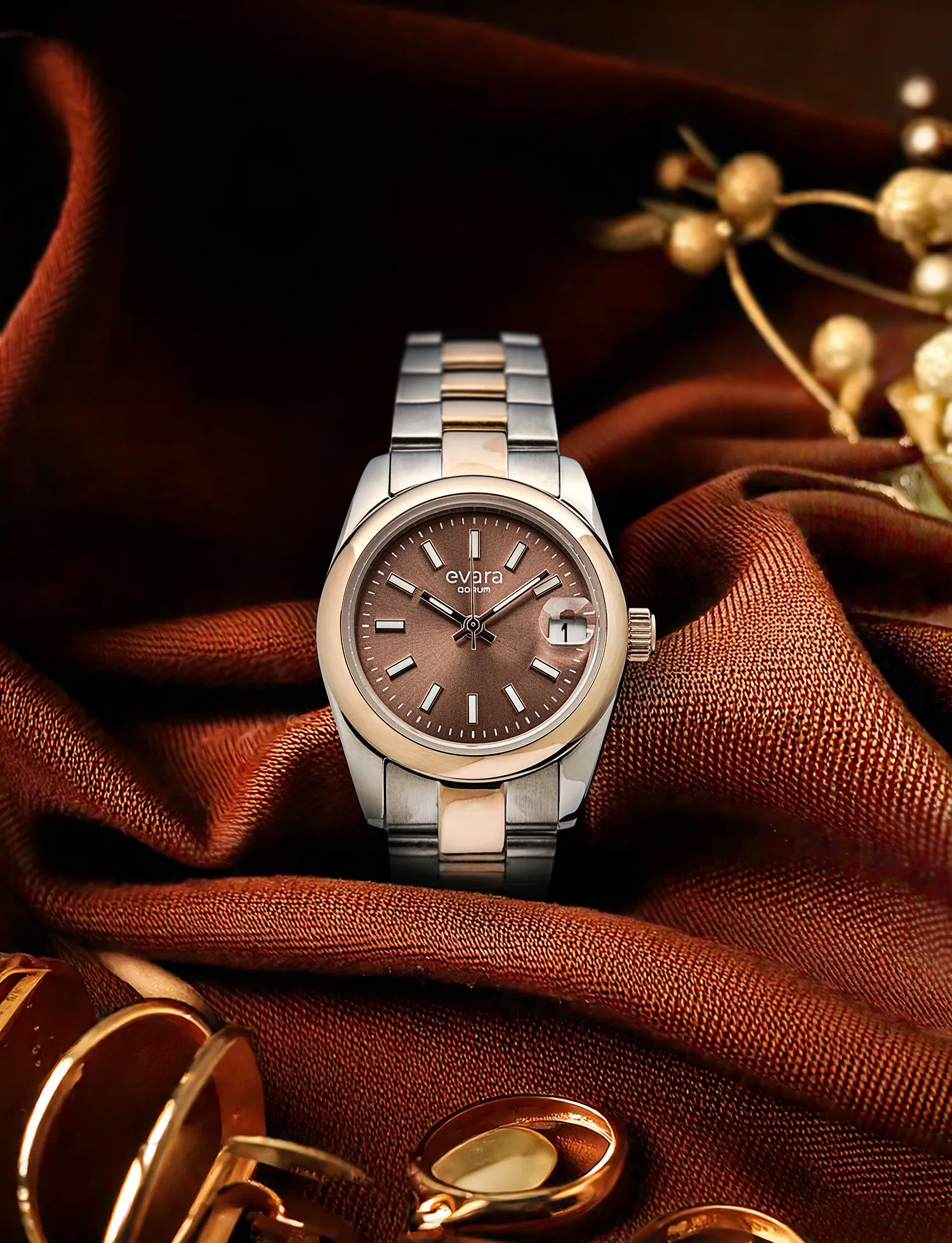 Qorum Evara Ladies Watch – Brown Dial, Date Display, Two-tone Rose Gold Plated Stainless Steel Strap