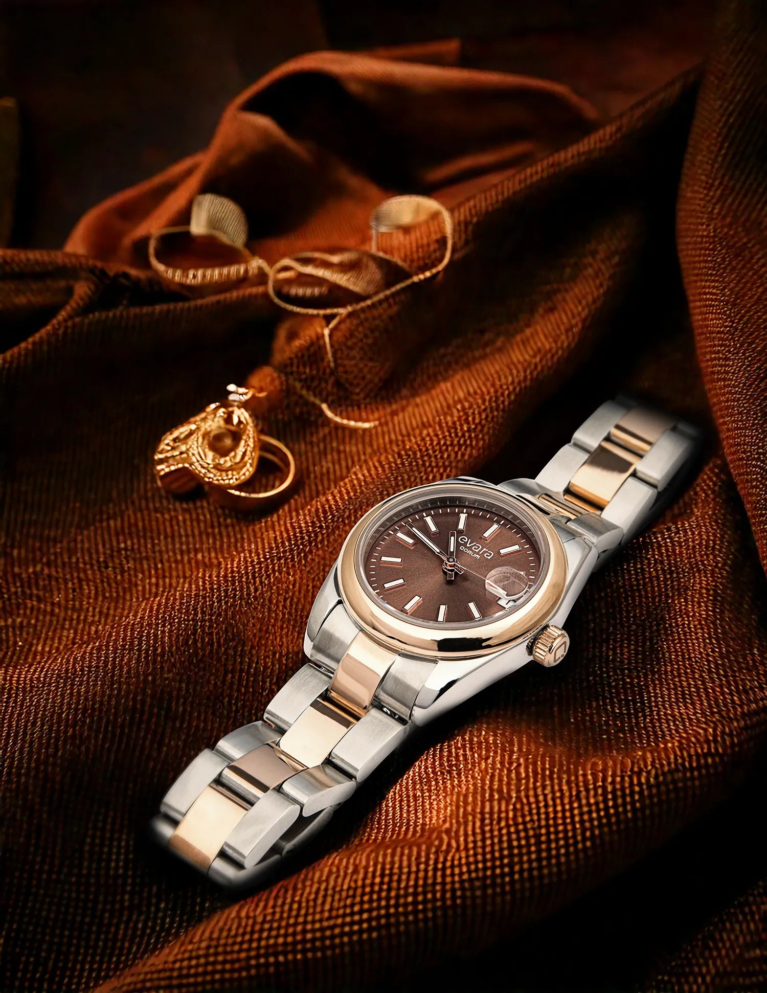 Qorum Evara Ladies Watch – Brown Dial, Date Display, Two-tone Rose Gold Plated Stainless Steel Strap