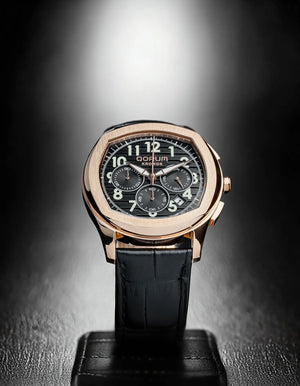 Qorum Kronos Men’s Chronograph Watch - Black Dial, Black genuine leather strap