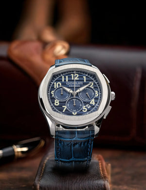 Qorum Kronos Men’s Chronograph Watch - Blue Dial, Blue genuine leather strap
