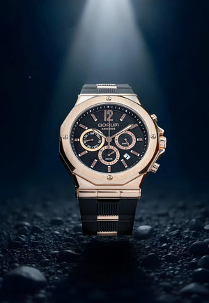 Qorum Kronos Men’s Chronograph Watch - Black Dial, Rose Gold plated Stainless Steel case, Black Silicon strap