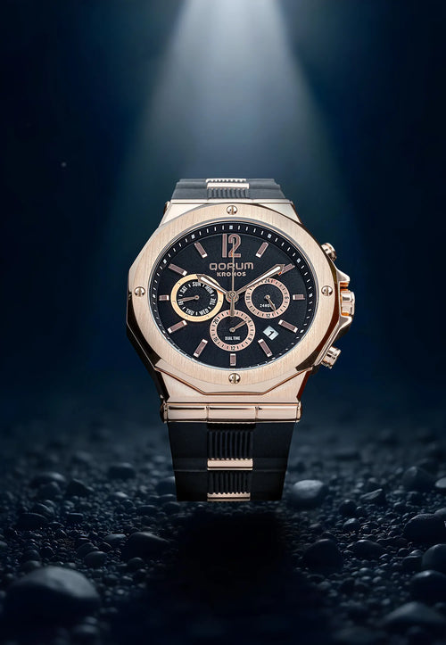 Qorum Kronos Chronograph - Miyota JP25, Black Dial, Rose Gold Stainless Steel, Black Silicone, 10ATM/100m