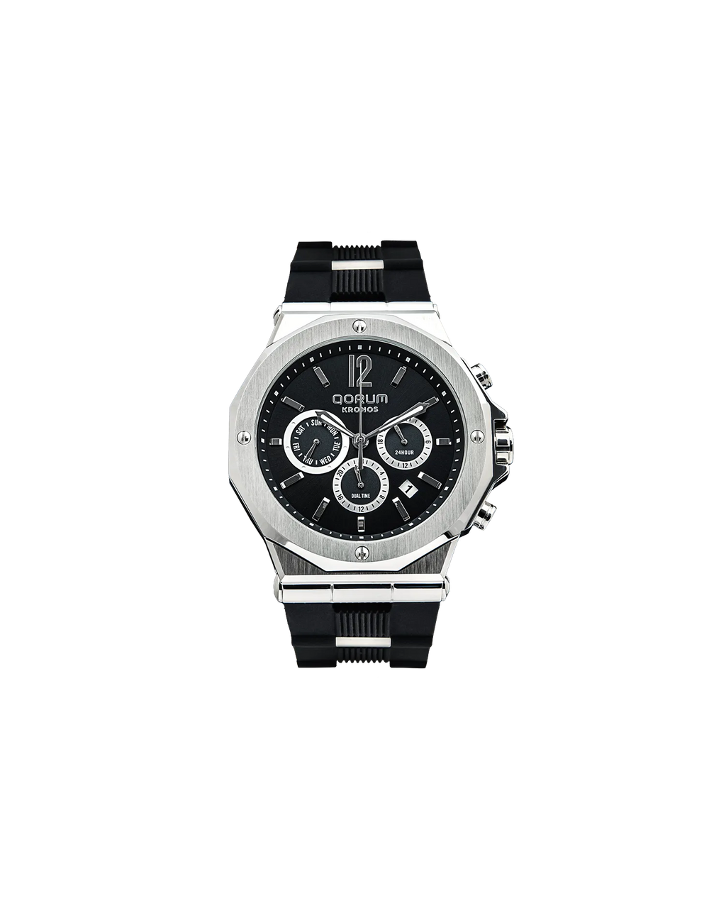 Qorum Kronos Men’s Chronograph Watch - Black Dial, Stainless Steel case, Black Silicon strap