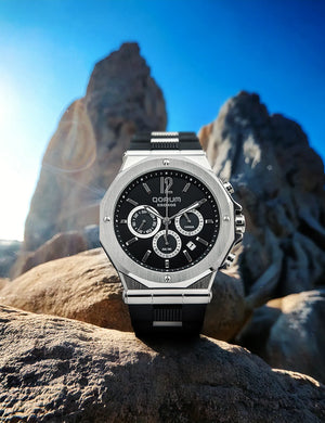 Qorum Kronos Men’s Chronograph Watch - Black Dial, Stainless Steel case, Black Silicon strap