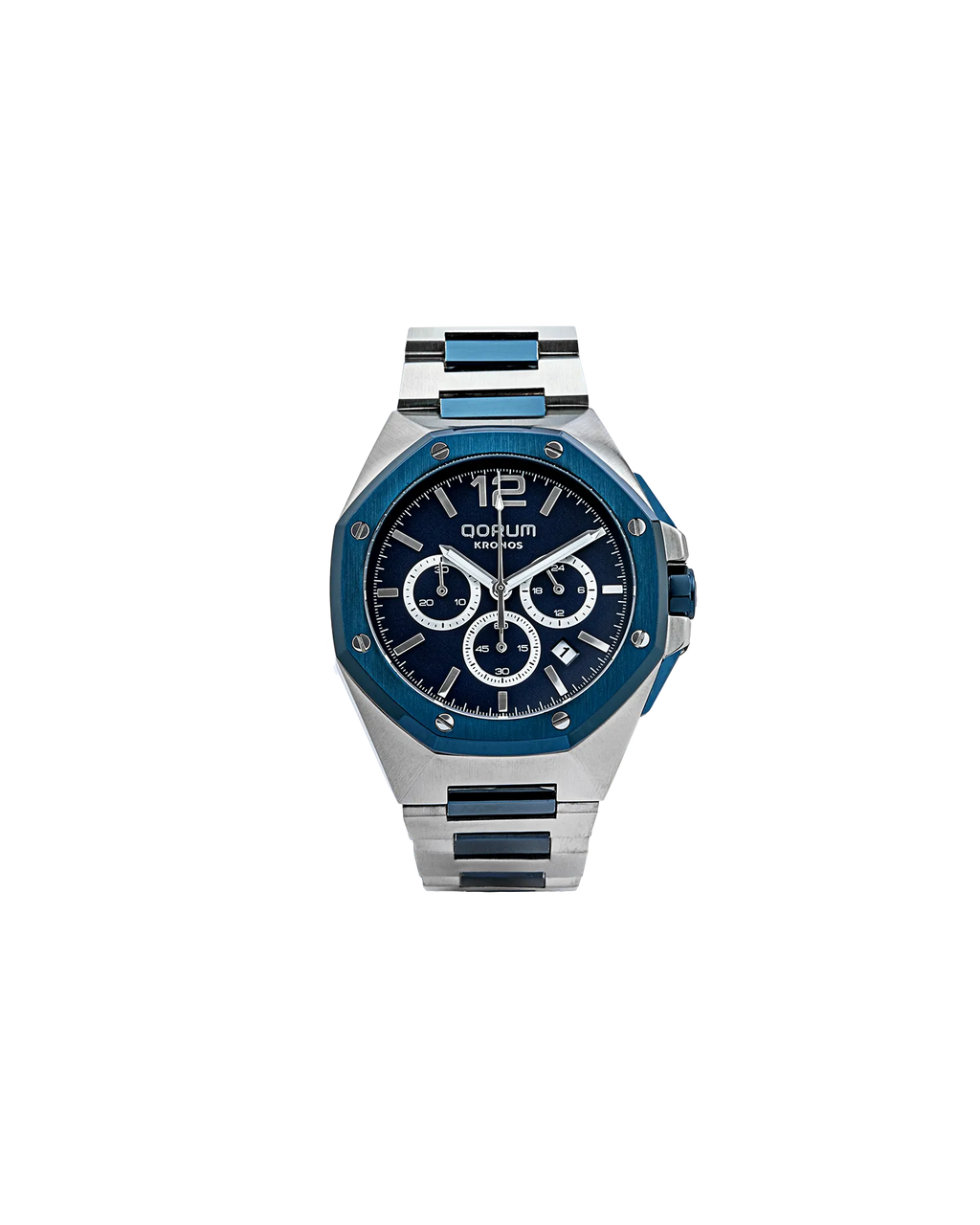 Qorum Kronos Men’s Chronograph Watch - Blue Dial, Two-tone Blue and Stainless Steel Strap