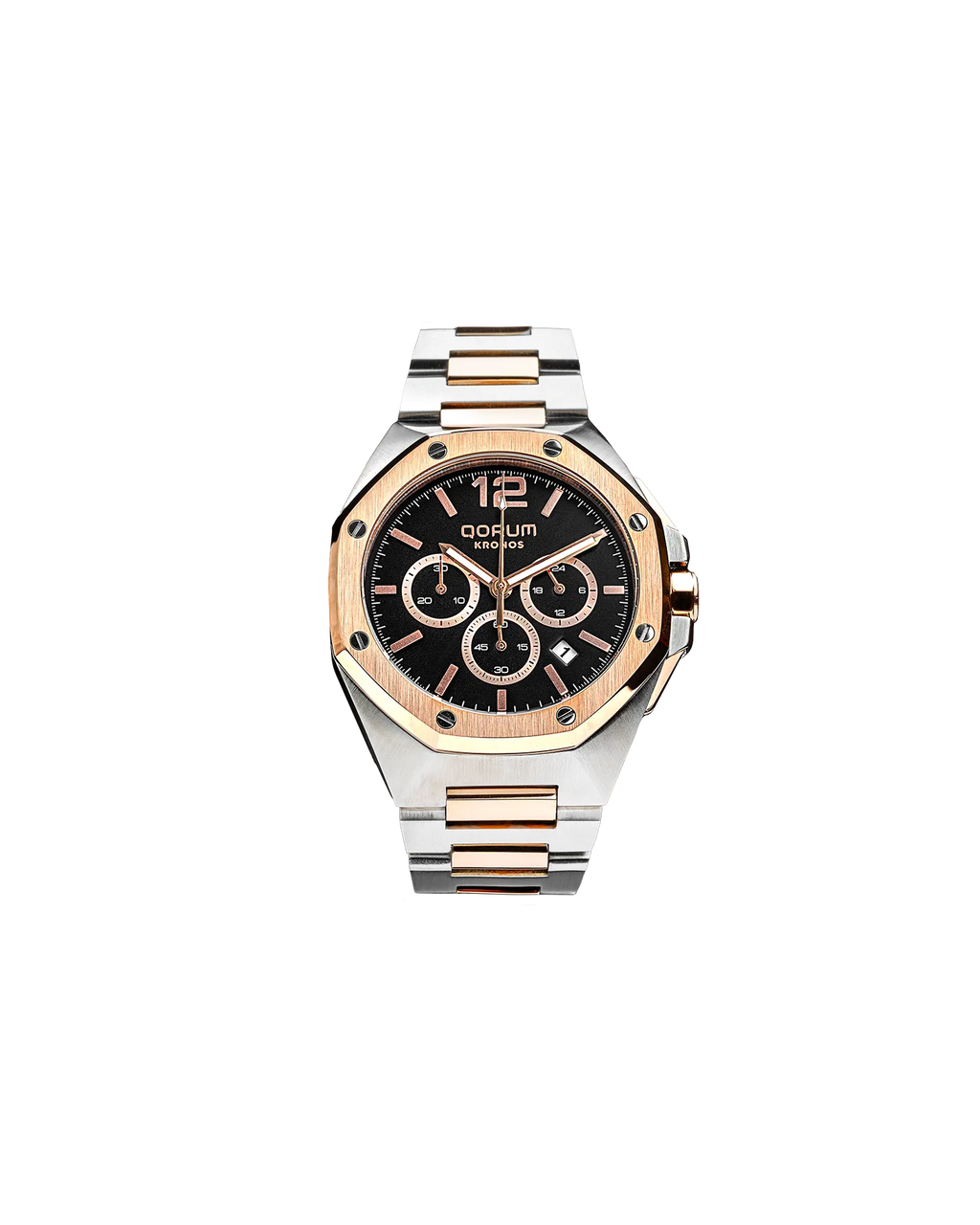 Qorum Kronos Men’s Chronograph Watch - Black Dial, Two-tone Rose Gold Stainless Steel Strap