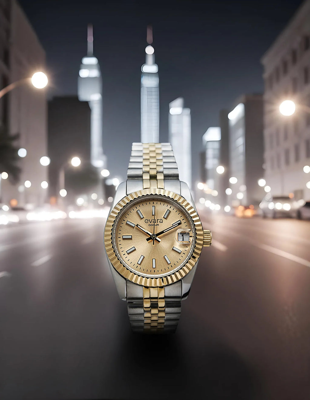 Qorum Evara Ladies Watch – Gold Dial, Date Display, Two-tone Gold Plated Stainless Steel Strap