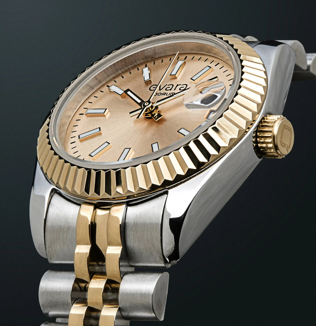 Qorum Evara Ladies Watch – Gold Dial, Date Display, Two-tone Gold Plated Stainless Steel Strap