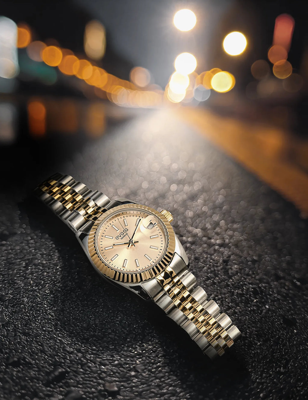 Qorum Evara Ladies Watch – Gold Dial, Date Display, Two-tone Gold Plated Stainless Steel Strap