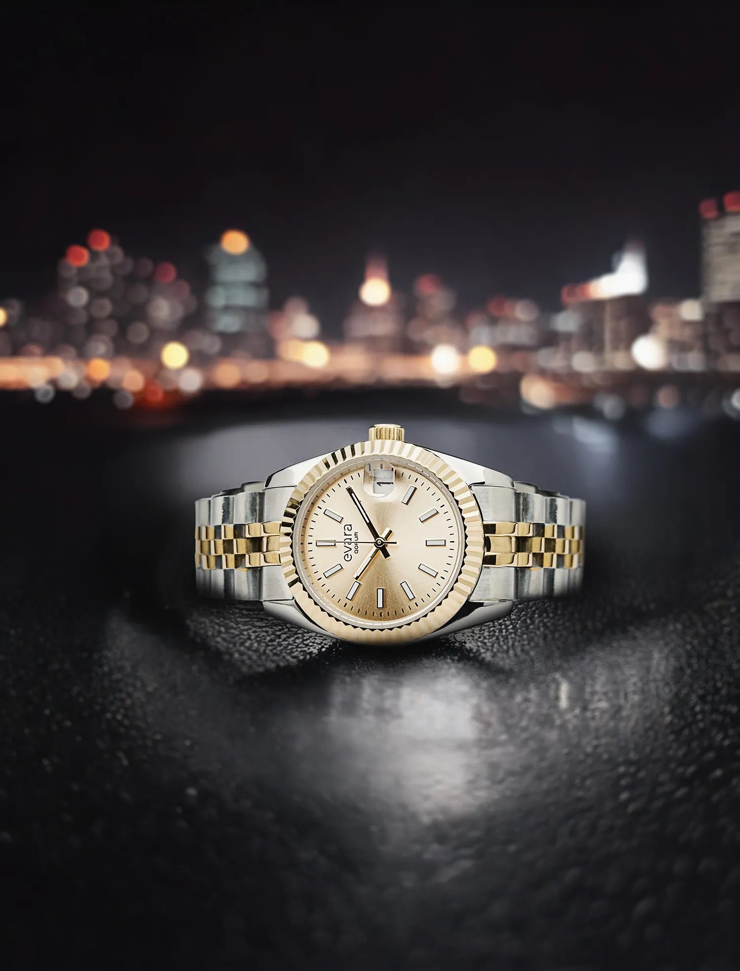 Qorum Evara Ladies Watch – Gold Dial, Date Display, Two-tone Gold Plated Stainless Steel Strap