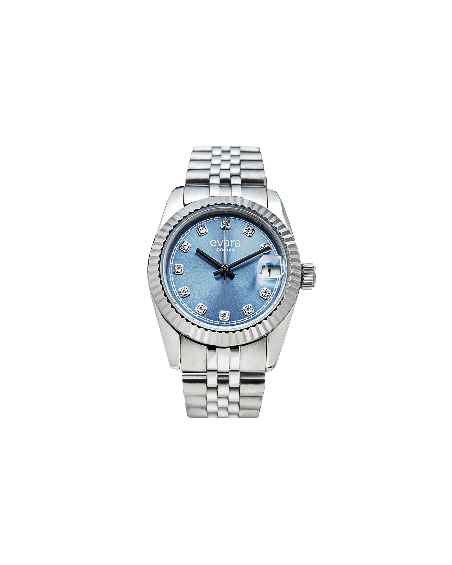Qorum Evara Ladies Watch – Blue studded Dial, Date Display, Stainless Steel Strap