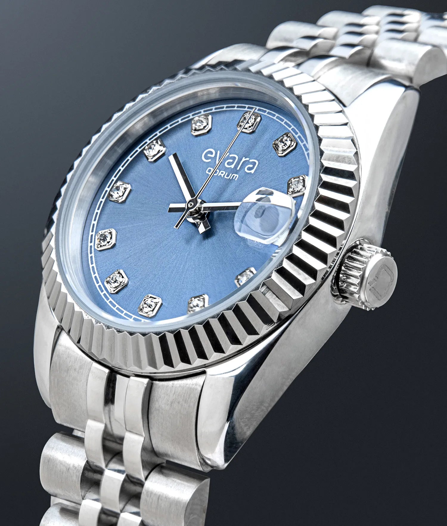 Qorum Evara Ladies Watch – Blue studded Dial, Date Display, Stainless Steel Strap