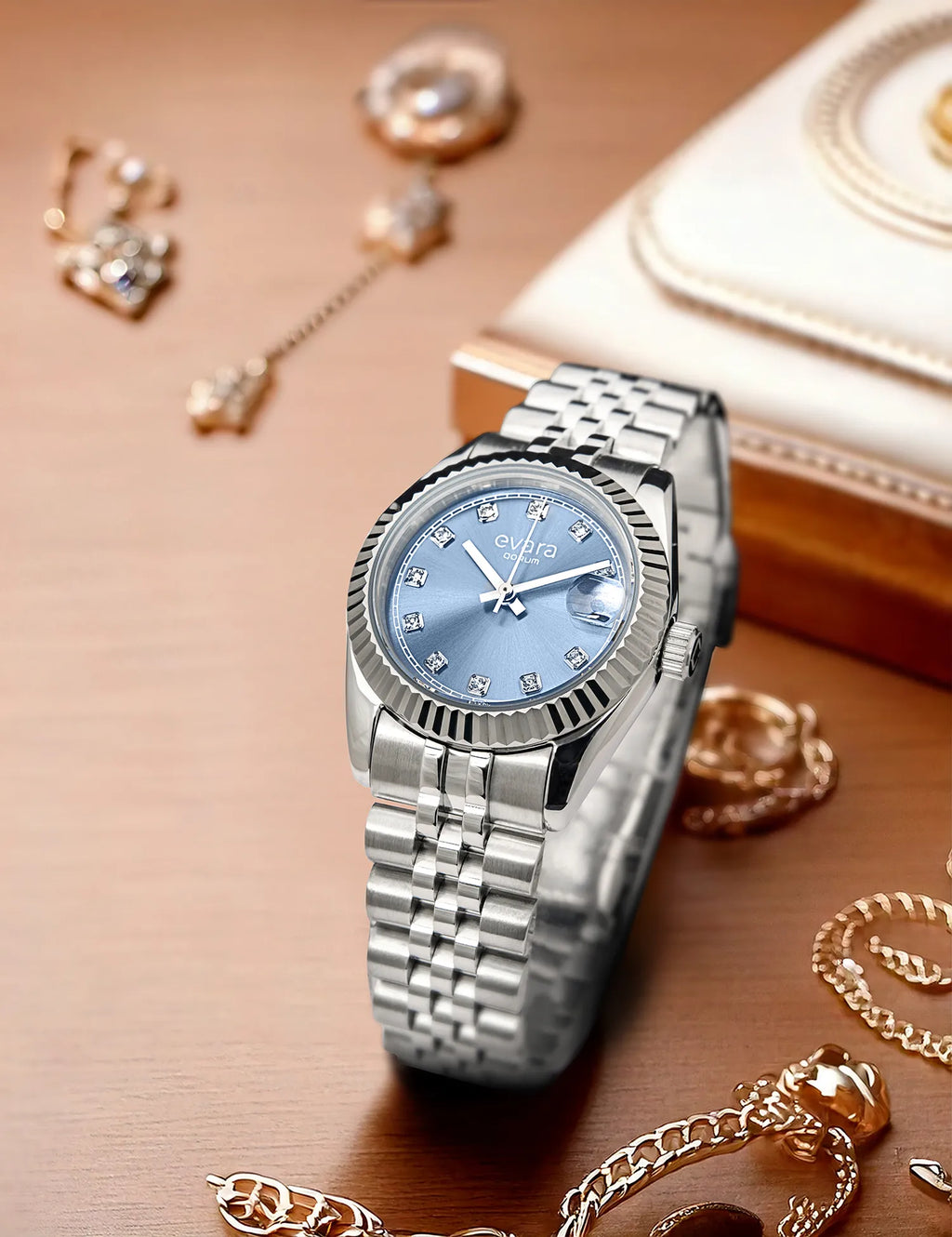 Qorum Evara Ladies Watch – Blue studded Dial, Date Display, Stainless Steel Strap