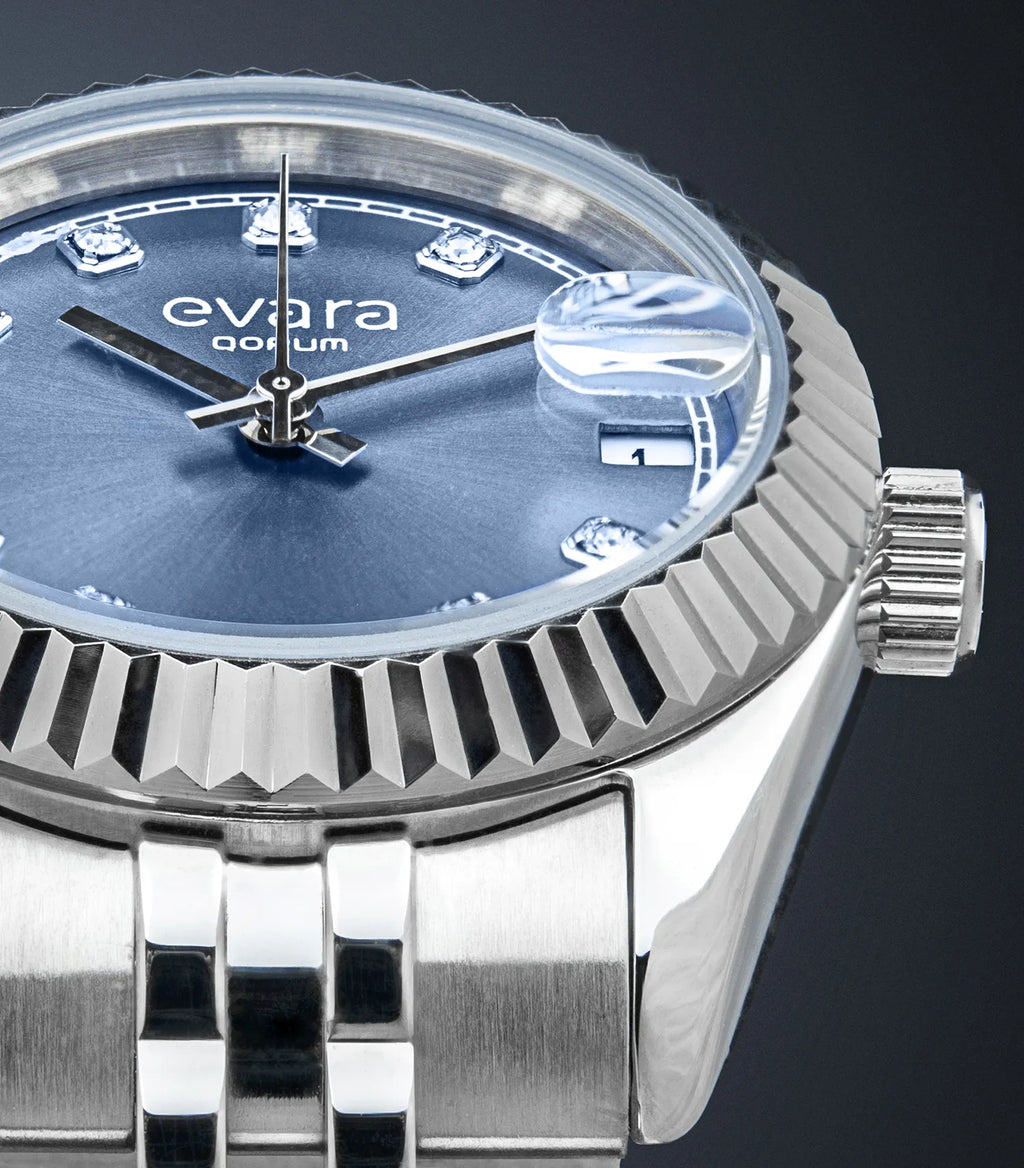 Qorum Evara Ladies Watch – Blue studded Dial, Date Display, Stainless Steel Strap