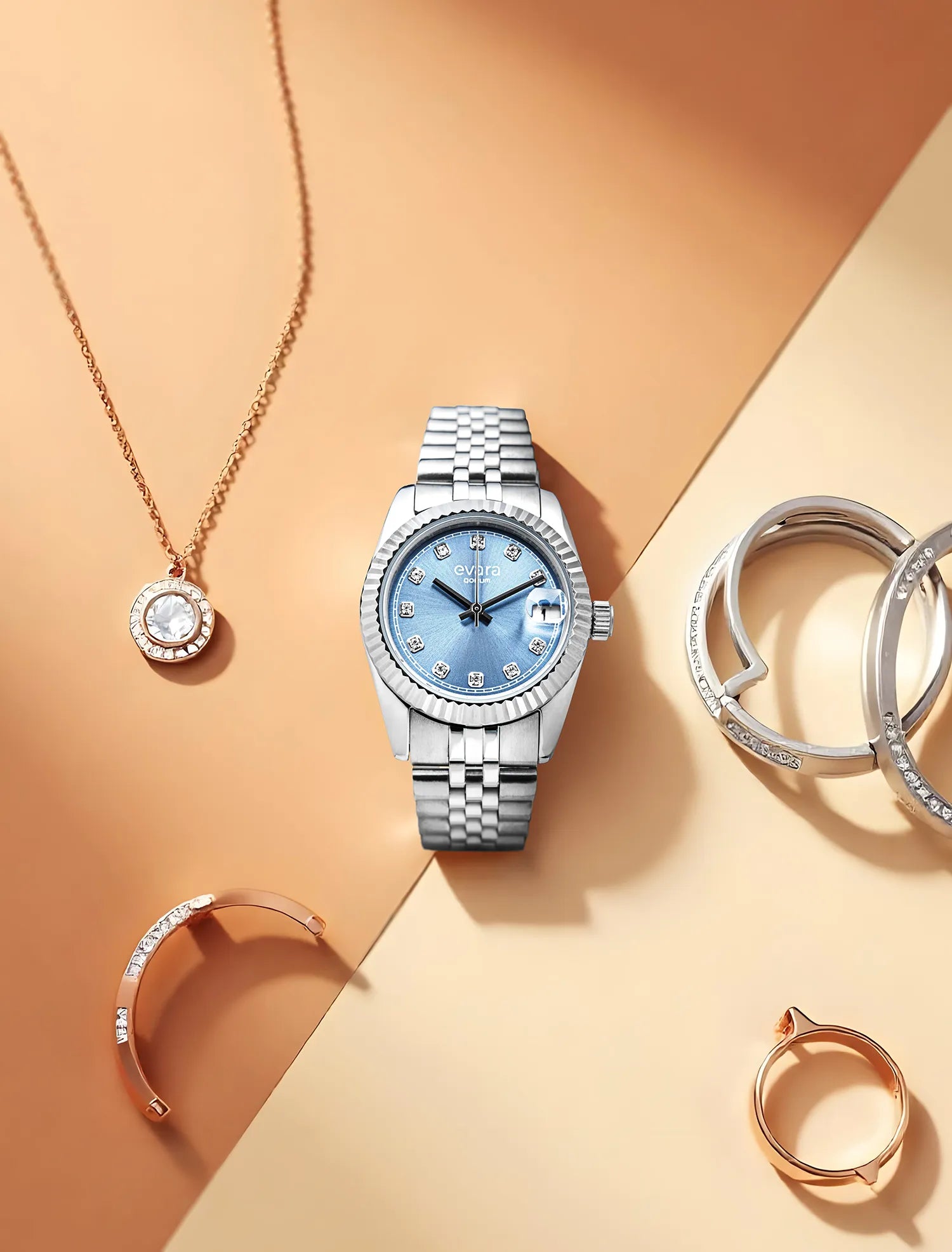 Qorum Evara Ladies Watch – Blue studded Dial, Date Display, Stainless Steel Strap