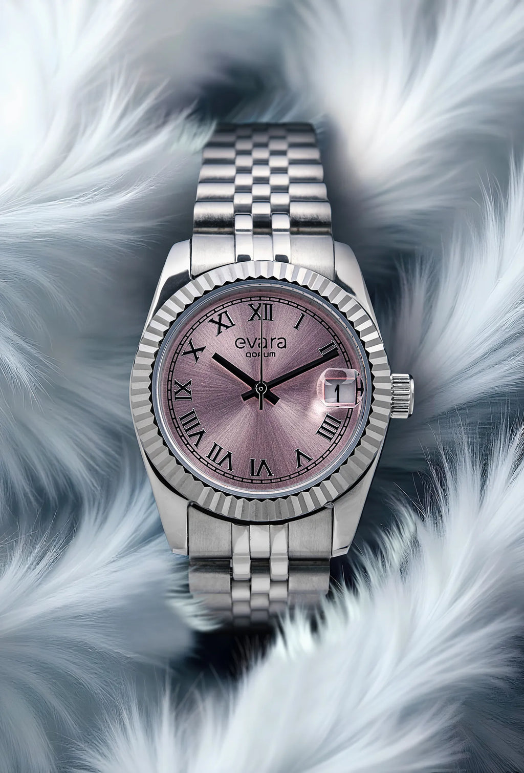 Qorum Evara Ladies Watch – Pink Dial, Date display, Stainless Steel Strap