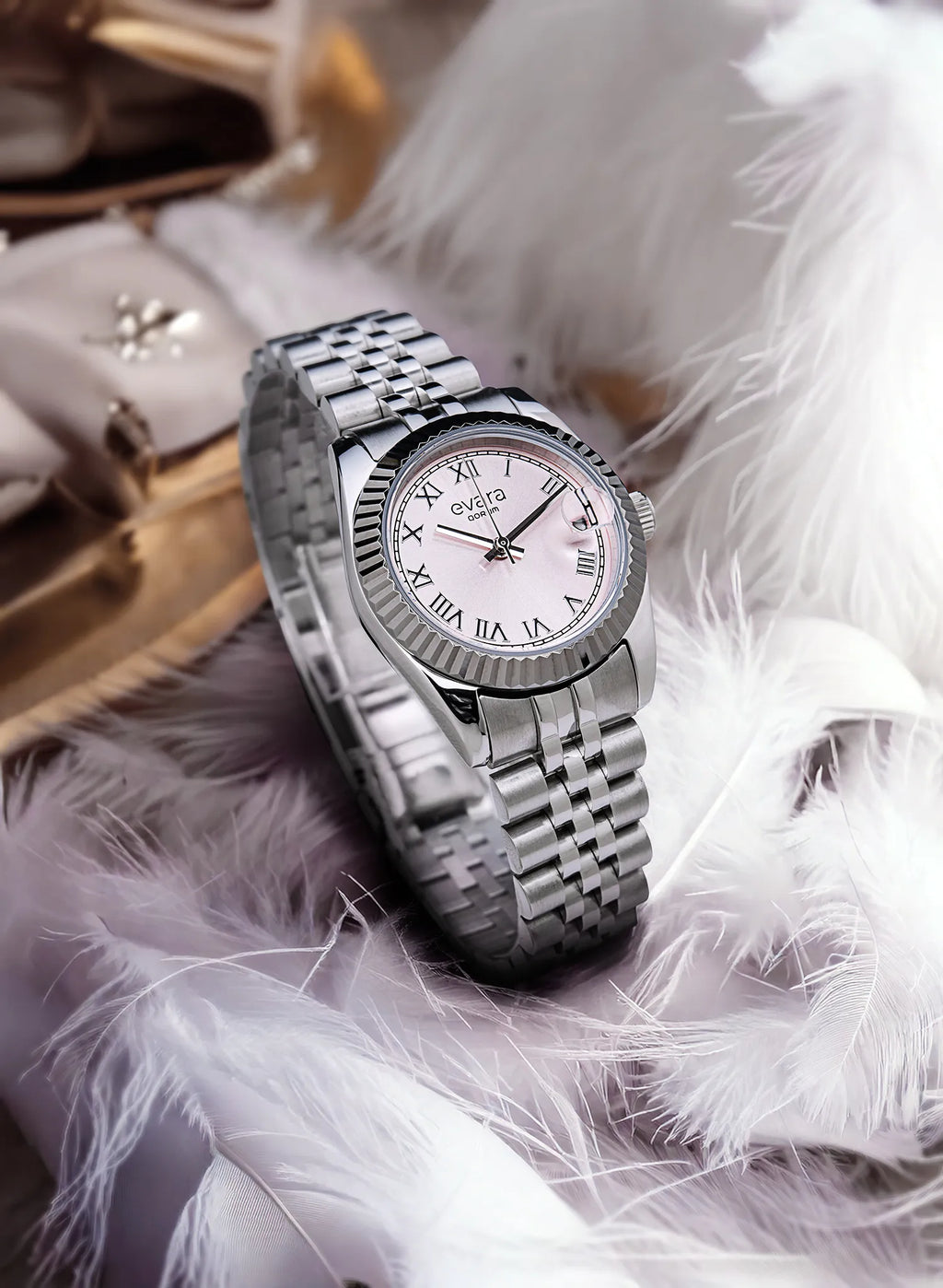 Qorum Evara Ladies Watch – Pink Dial, Date display, Stainless Steel Strap