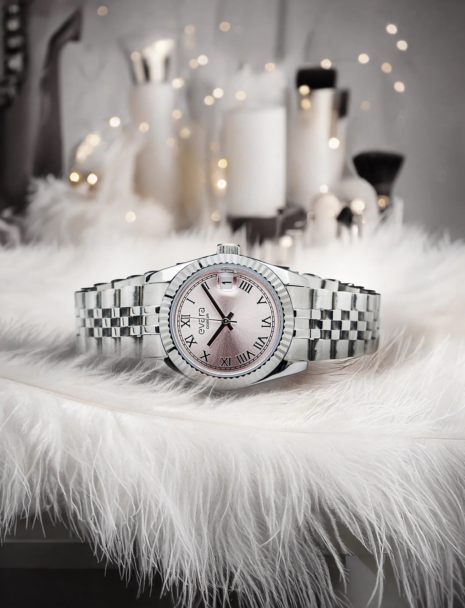 Qorum Evara Ladies Watch – Pink Dial, Date display, Stainless Steel Strap