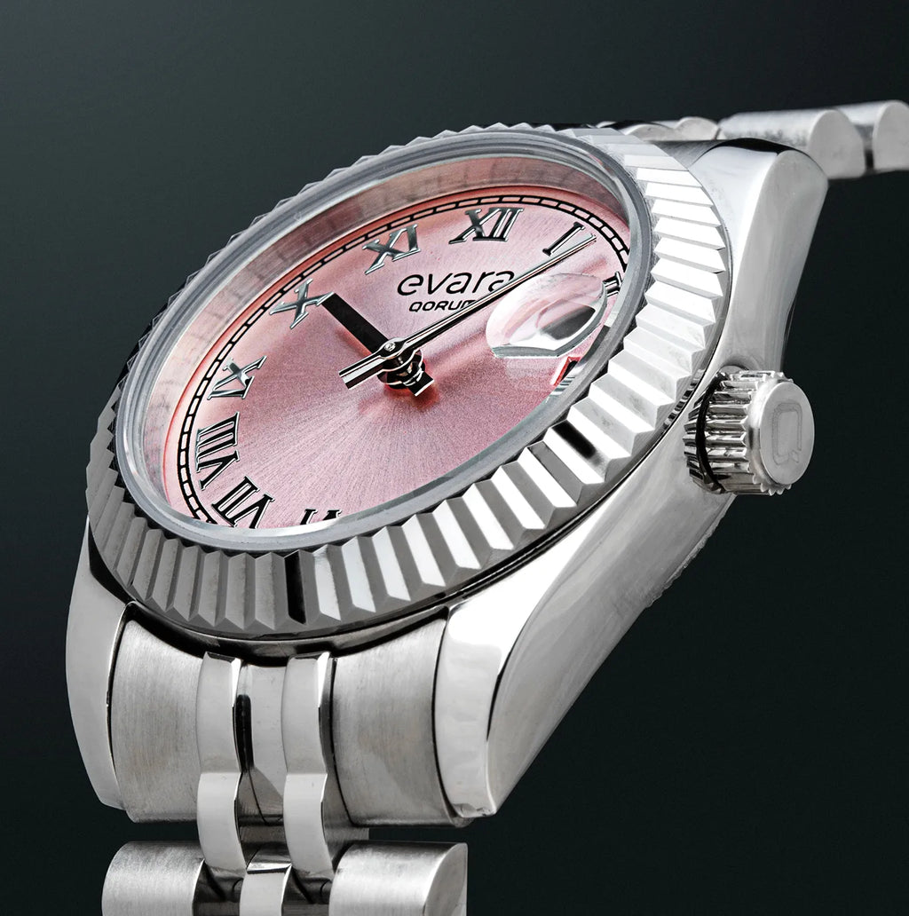 Qorum Evara Ladies Watch – Pink Dial, Date display, Stainless Steel Strap