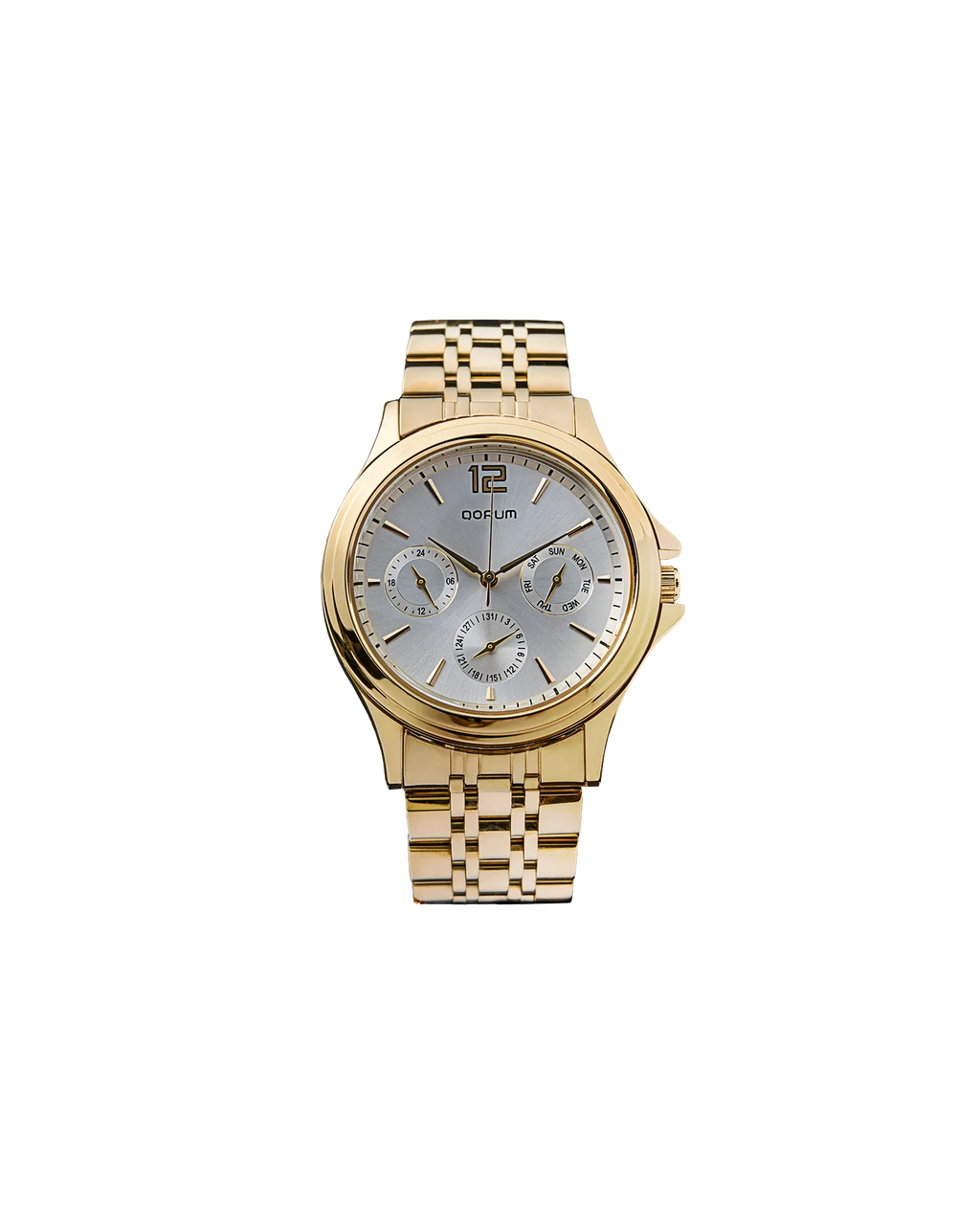 Qorum Verve Men’s Multi-function Watch – Silver Dial, Gold Plated Stainless Steel Strap