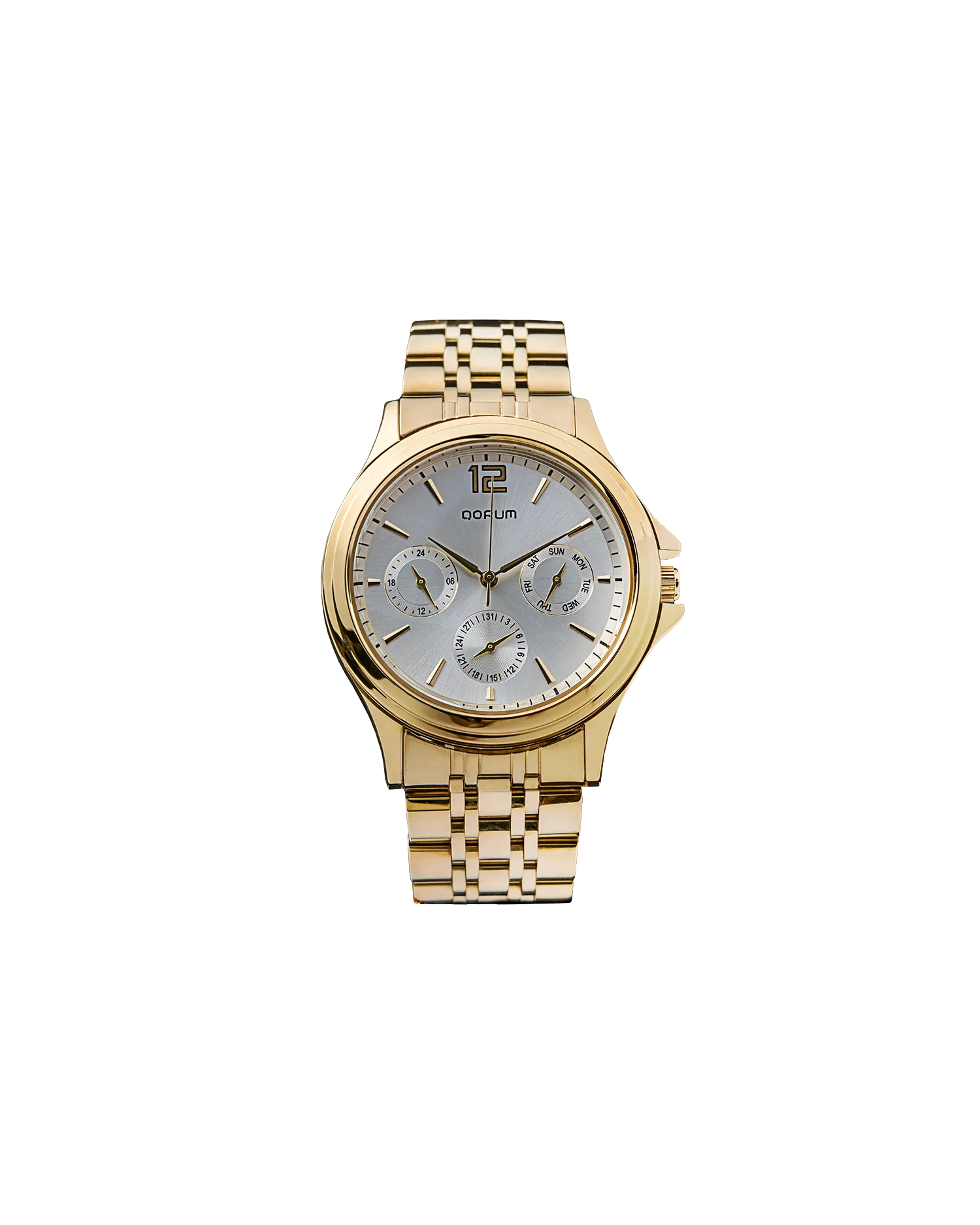 Qorum Verve Men’s Multi-function Watch – Silver Dial, Gold Plated Stainless Steel Strap