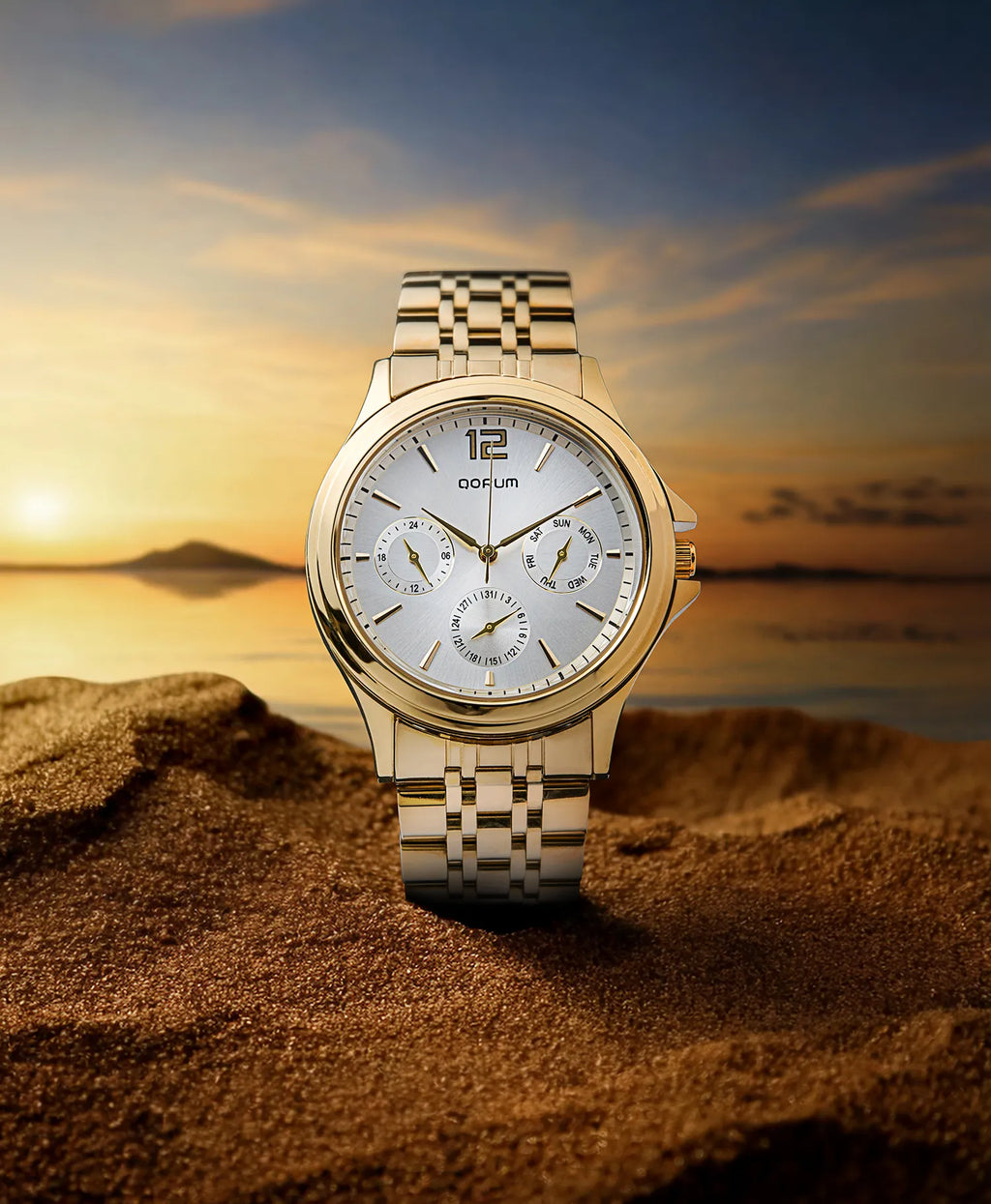 Qorum Verve Men’s Multi-Function Watch – Silver Dial, Gold plated Stainless Steel Strap