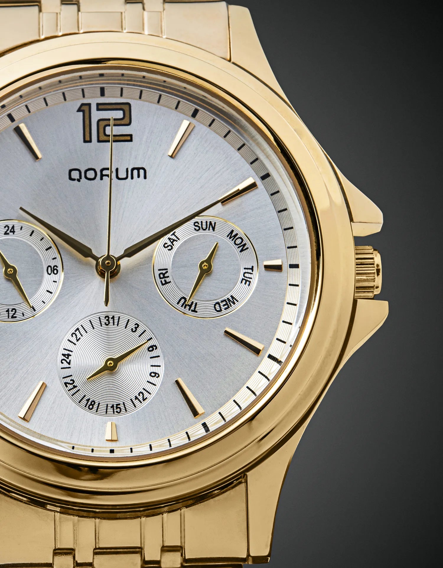 Qorum Verve Men’s Multi-function Watch – Silver Dial, Gold Plated Stainless Steel Strap