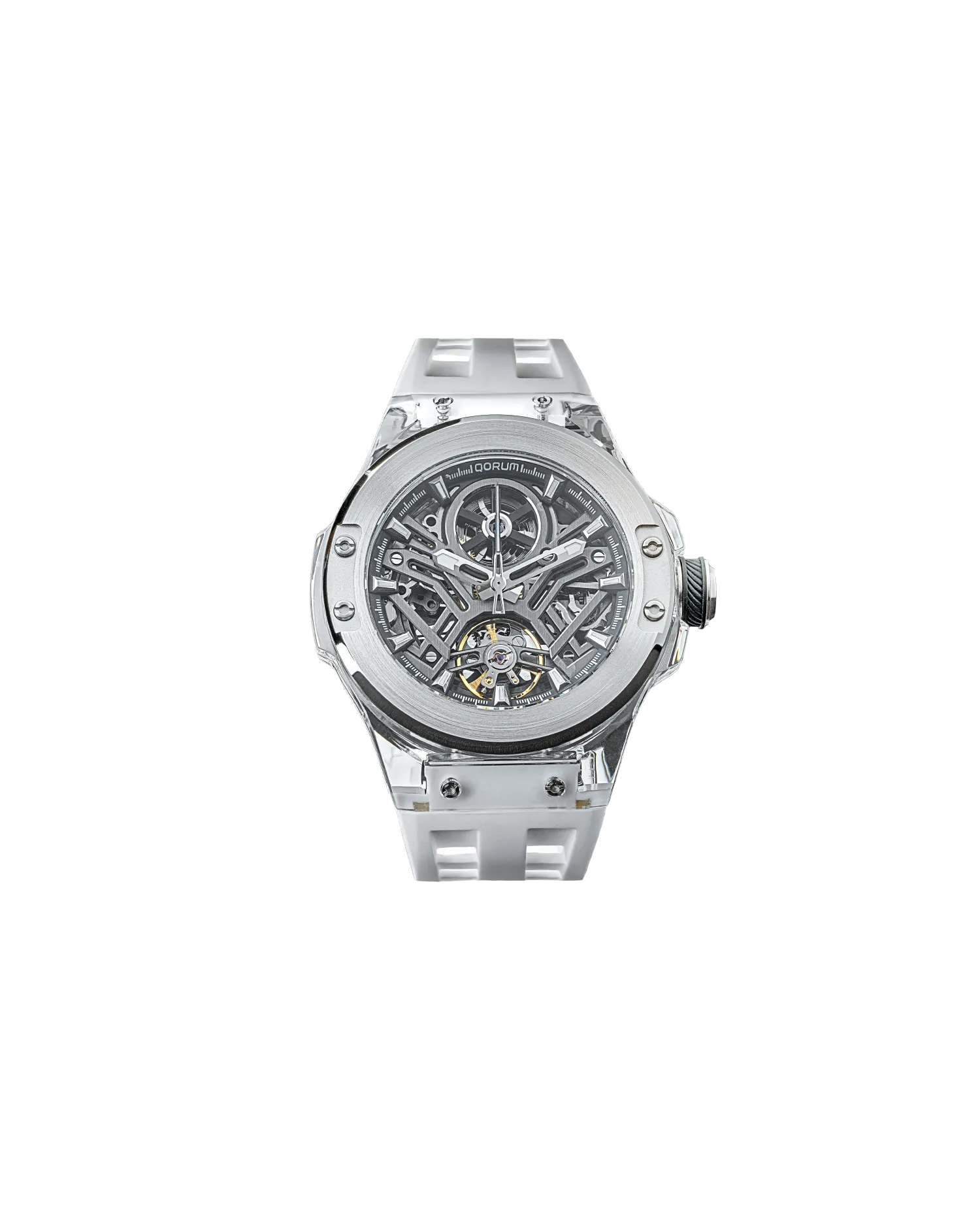 Qorum Equinox Men’s Automatic Skeleton Watch – Steel Finish Dial, Blue Detailing, White Silicon Strap